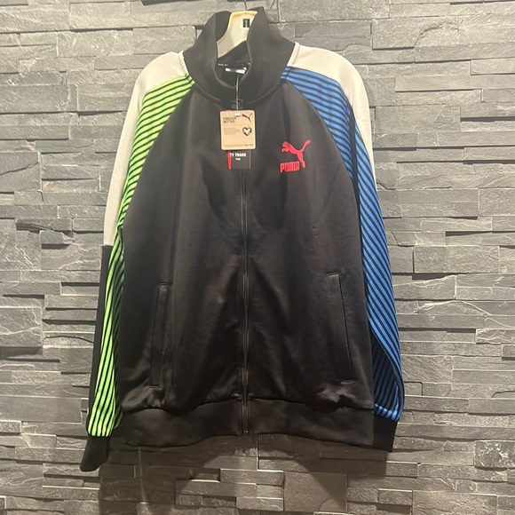 Puma Long Raglan Sleeve Front Zip Closure Track Jacket w/Bright Striped Sleeves - Picture 9 of 11